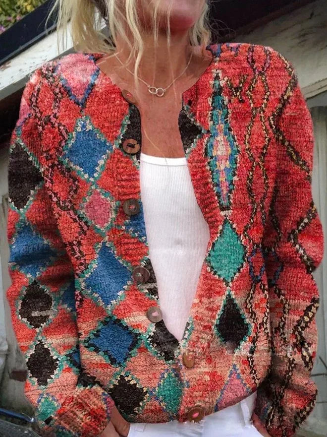 Women's Floral Knit Cardigan – Button Front, Round Neck