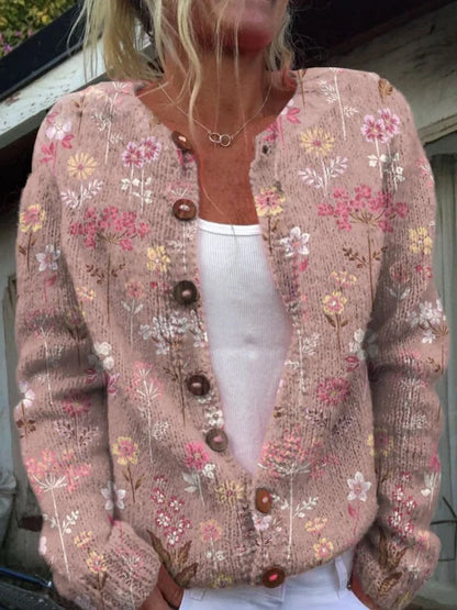 Women's Floral Knit Cardigan – Button Front, Round Neck