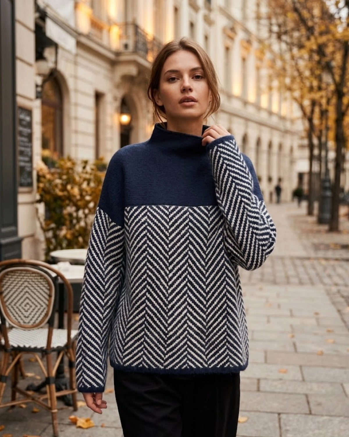 Women's Color Block Herringbone Sweater – Mock Neck