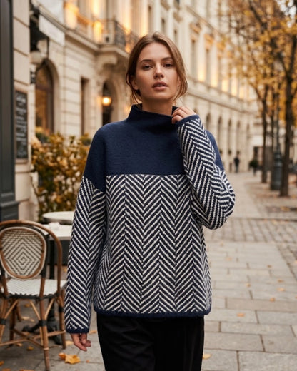 Women's Color Block Herringbone Sweater – Mock Neck