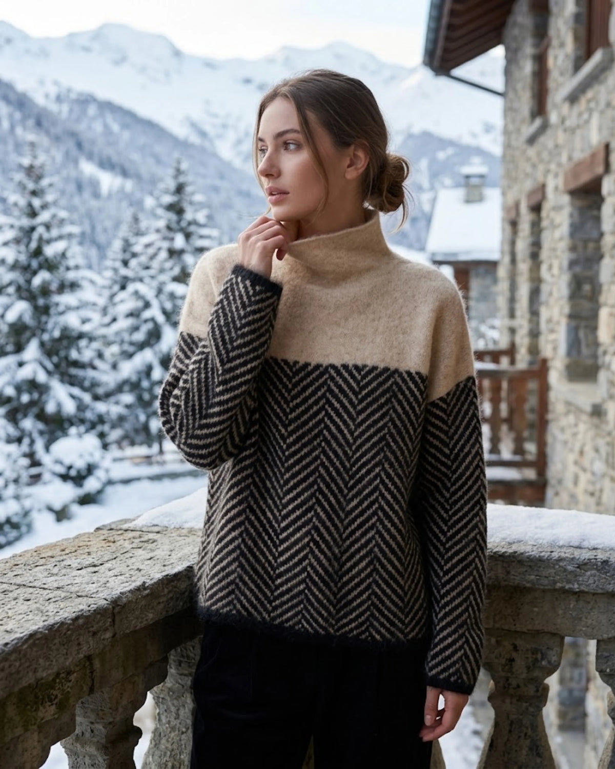 Women's Color Block Herringbone Sweater – Mock Neck