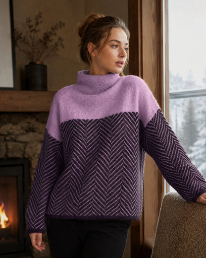 Women's Color Block Herringbone Sweater – Mock Neck