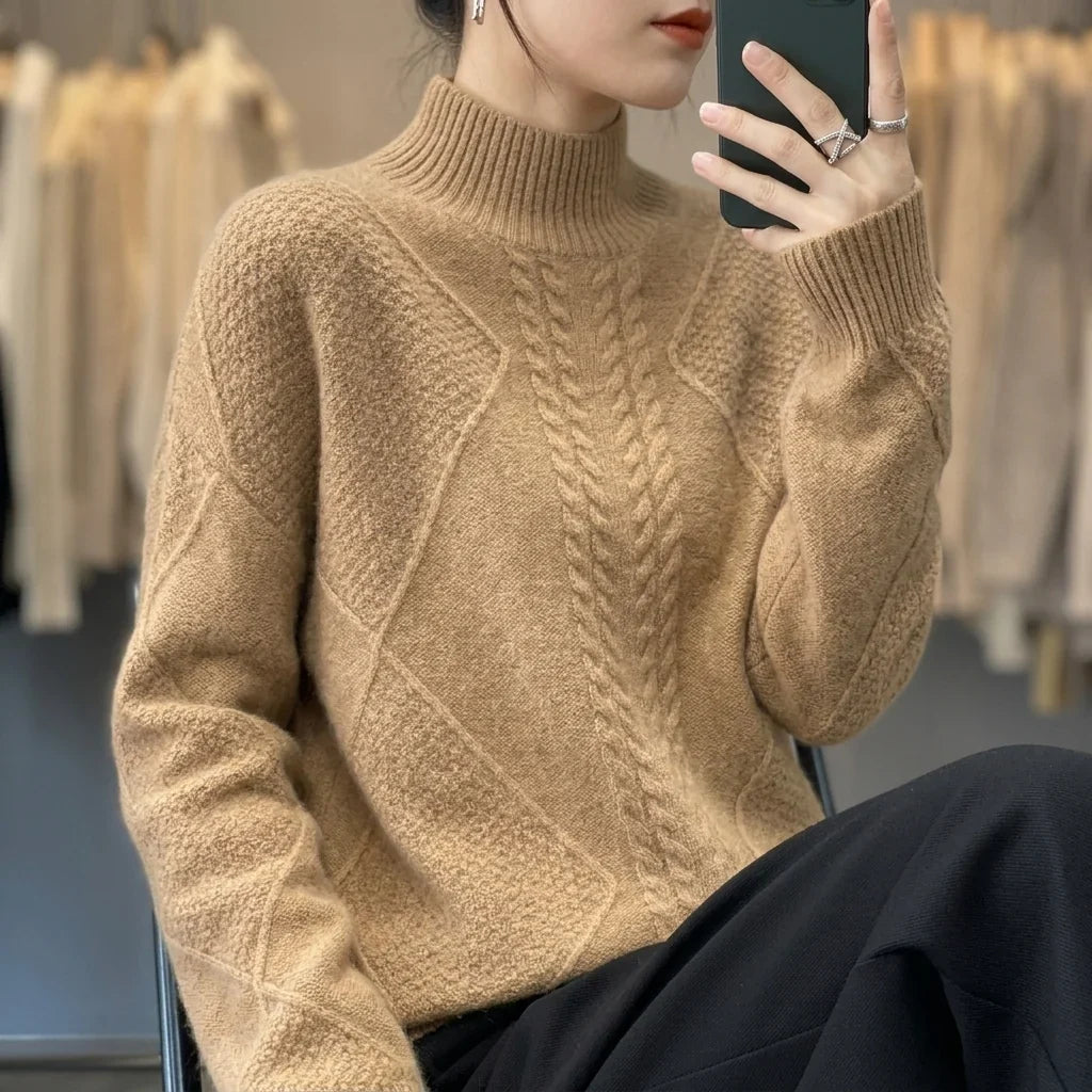 Women's Cable Knit Mock Neck Sweater – Long Sleeve