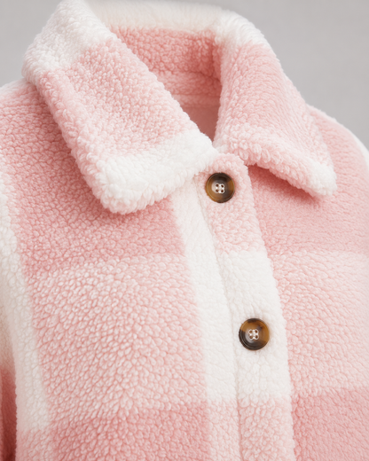 Women's Teddy Fleece Jacket - Check Print Winter Casual Coat