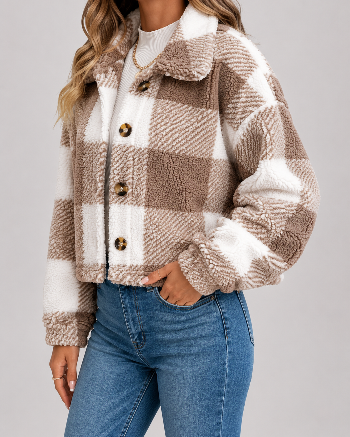 Women's Teddy Fleece Jacket - Check Print Winter Casual Coat