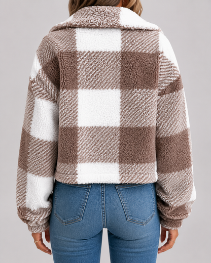 Women's Teddy Fleece Jacket - Check Print Winter Casual Coat