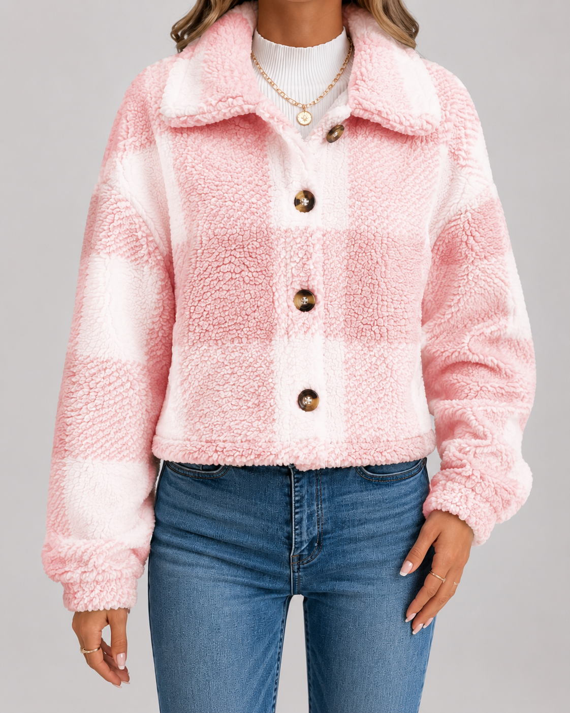 Women's Teddy Fleece Jacket - Check Print Winter Casual Coat