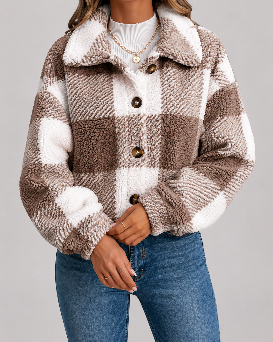 Women's Teddy Fleece Jacket - Check Print Winter Casual Coat