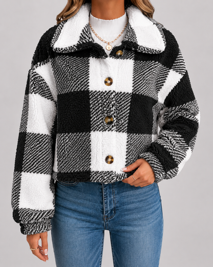 Women's Teddy Fleece Jacket - Check Print Winter Casual Coat