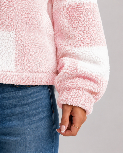 Women's Teddy Fleece Jacket - Check Print Winter Casual Coat