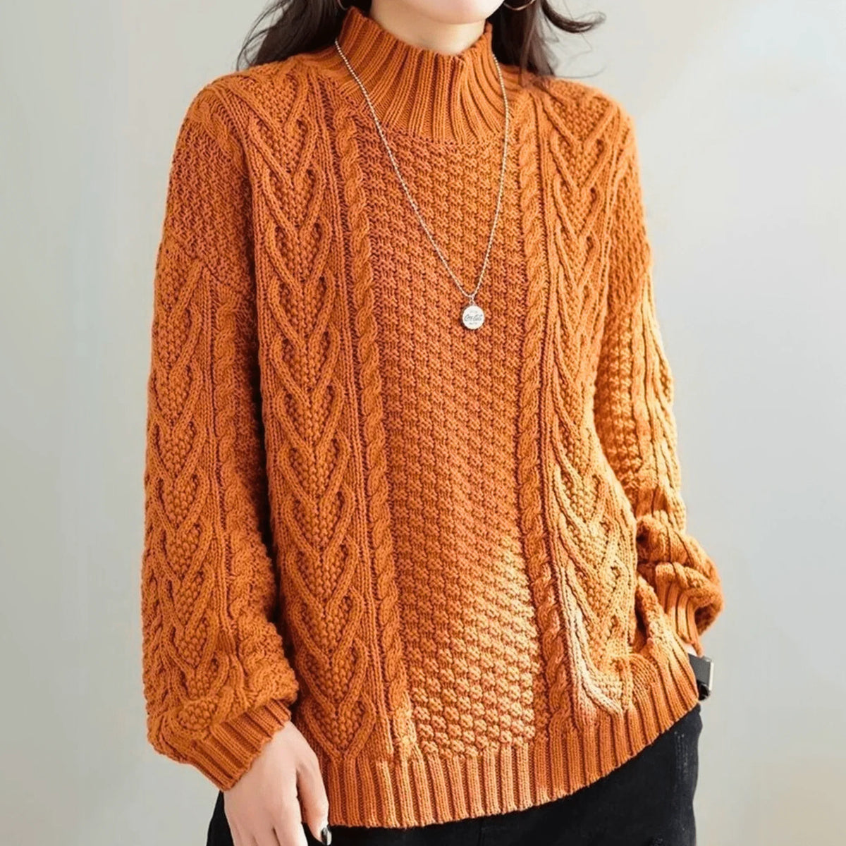Women's Chunky Cable Knit Sweater – Mock Neck Long Sleeve