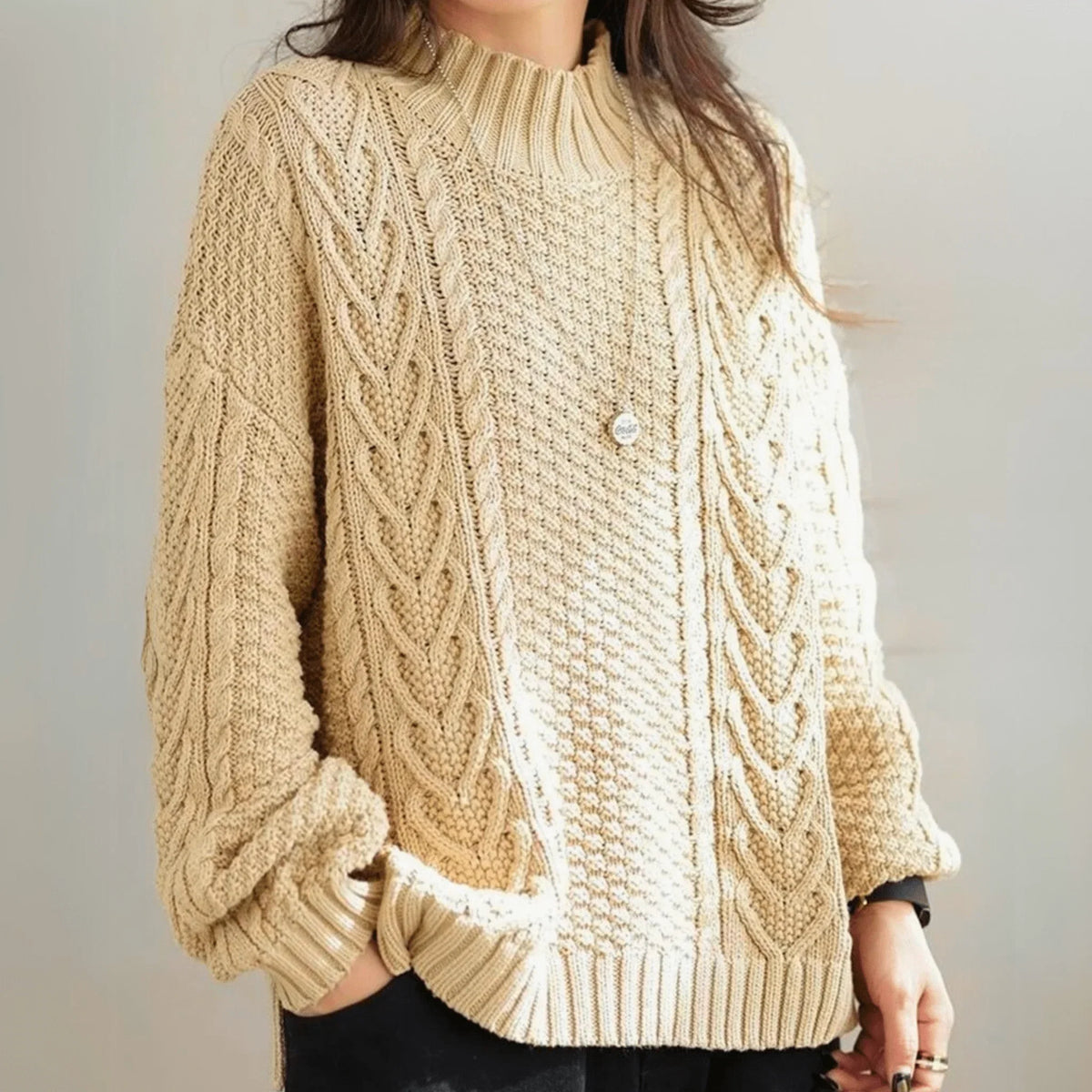 Women's Chunky Cable Knit Sweater – Mock Neck Long Sleeve