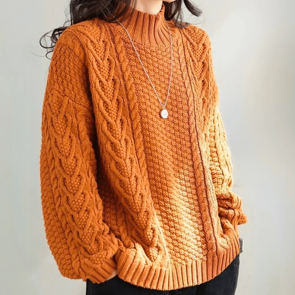 Women's Chunky Cable Knit Sweater – Mock Neck Long Sleeve