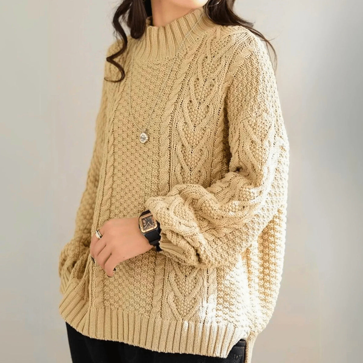 Women's Chunky Cable Knit Sweater – Mock Neck Long Sleeve