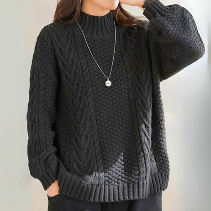 Women's Chunky Cable Knit Sweater – Mock Neck Long Sleeve