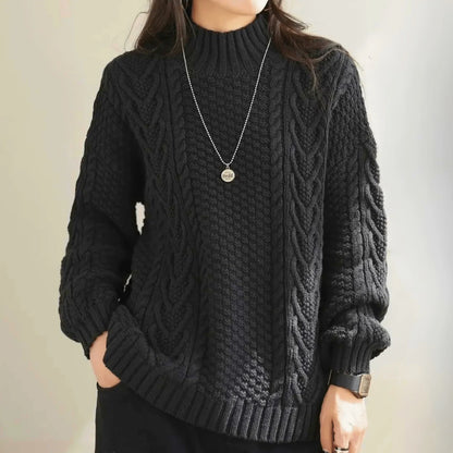 Women's Chunky Cable Knit Sweater – Mock Neck Long Sleeve