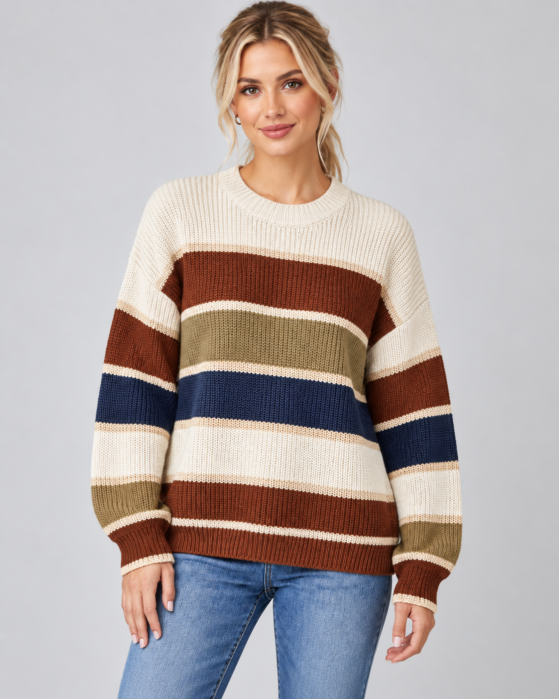 Women's Color Block Sweater - Crew Neck Relaxed Fit