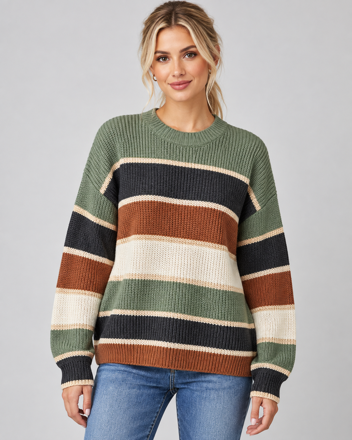 Women's Color Block Sweater - Crew Neck Relaxed Fit