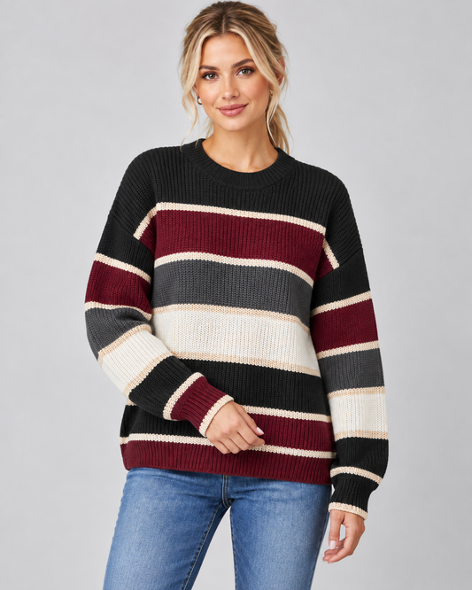 Women's Color Block Sweater - Crew Neck Relaxed Fit