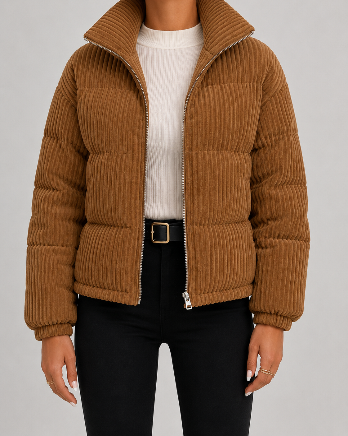 Women's Puffer Jacket - Corduroy Quilted Funnel Neck