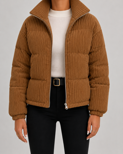 Women's Puffer Jacket - Corduroy Quilted Funnel Neck