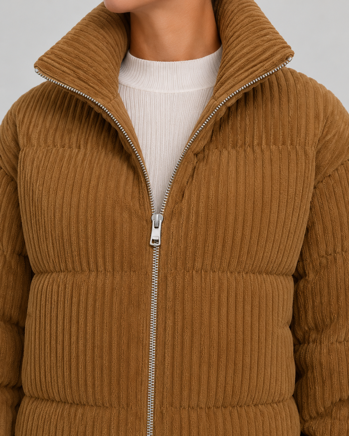 Women's Puffer Jacket - Corduroy Quilted Funnel Neck