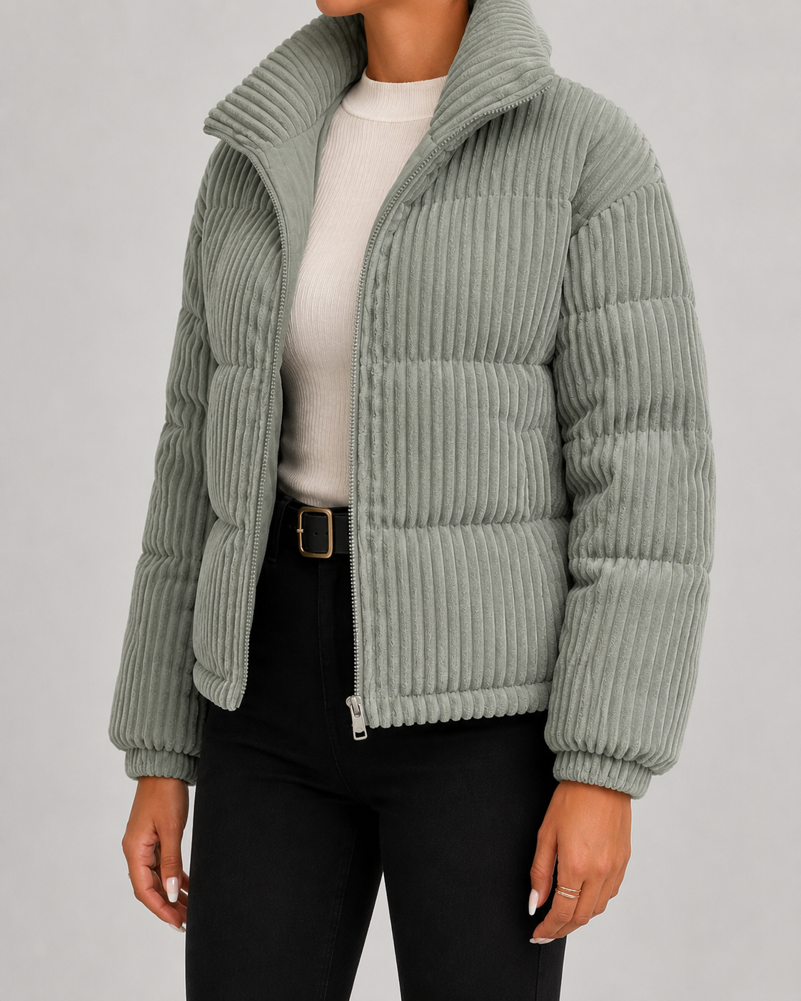 Women's Puffer Jacket - Corduroy Quilted Funnel Neck