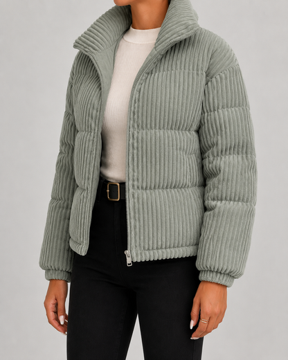 Women's Puffer Jacket - Corduroy Quilted Funnel Neck