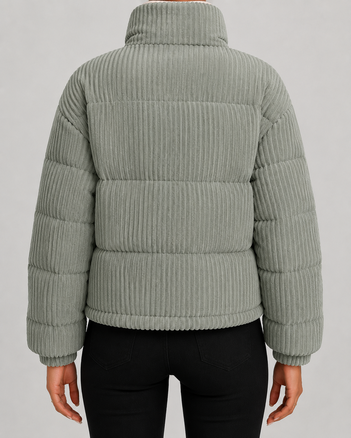 Women's Puffer Jacket - Corduroy Quilted Funnel Neck