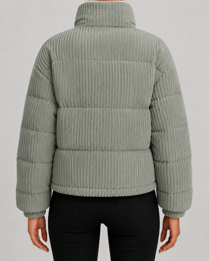 Women's Puffer Jacket - Corduroy Quilted Funnel Neck