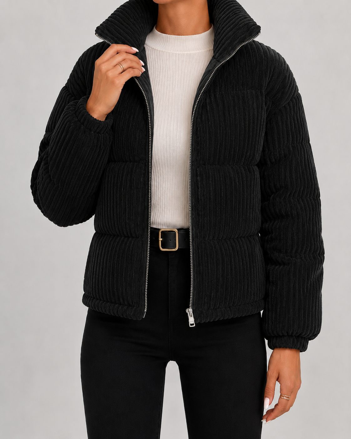 Women's Puffer Jacket - Corduroy Quilted Funnel Neck