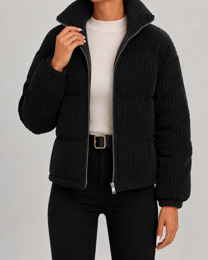 Women's Puffer Jacket - Corduroy Quilted Funnel Neck