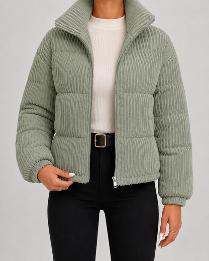 Women's Puffer Jacket - Corduroy Quilted Funnel Neck