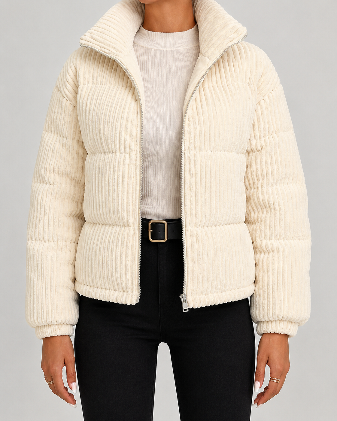 Women's Puffer Jacket - Corduroy Quilted Funnel Neck