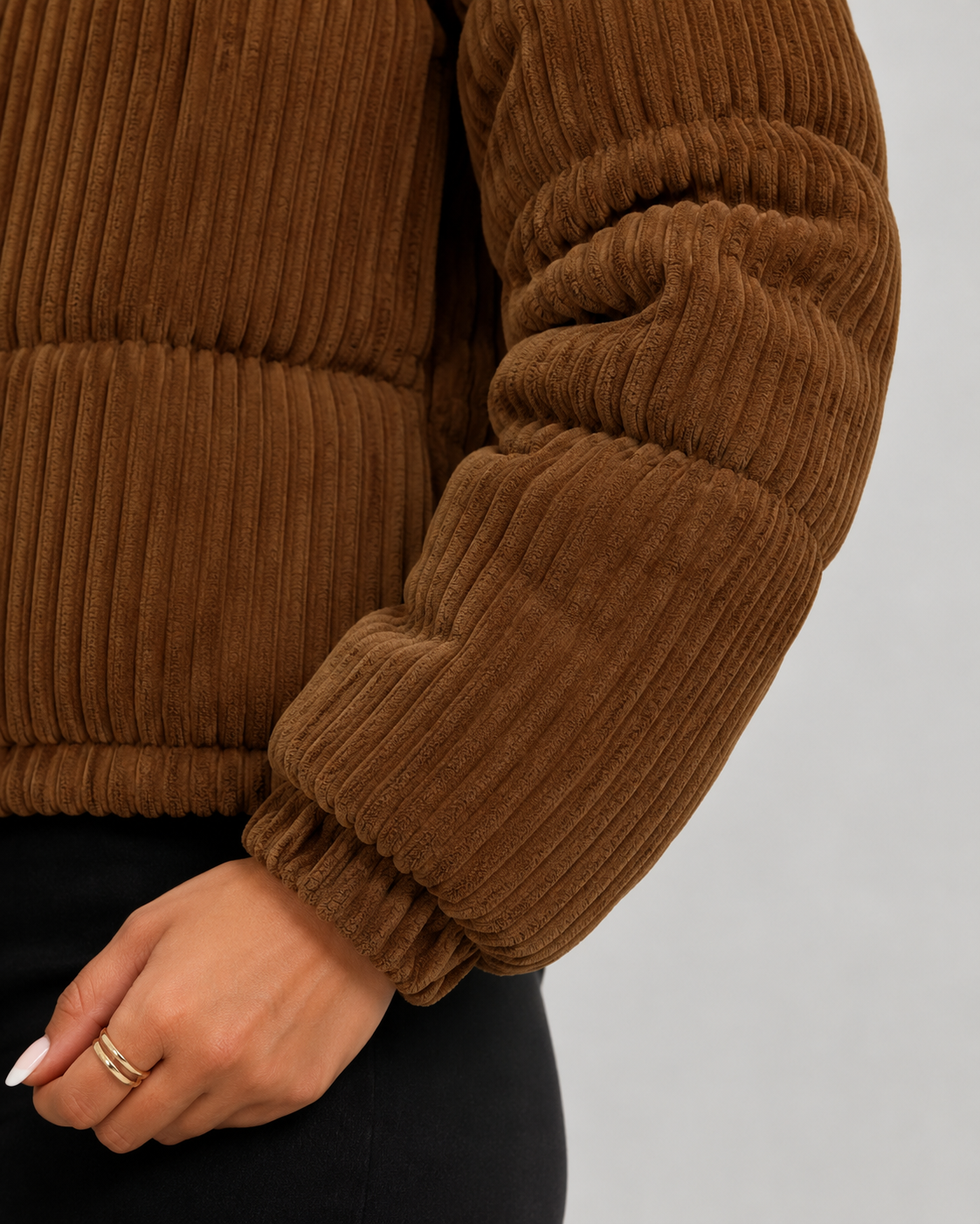 Women's Puffer Jacket - Corduroy Quilted Funnel Neck