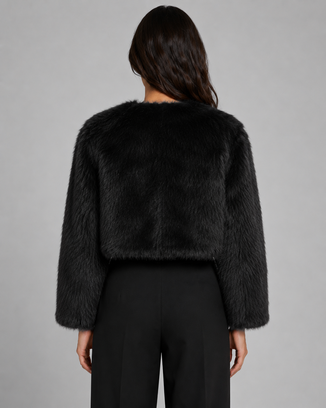 Women's Faux Fur Jacket - Cropped Collarless Winter Coat