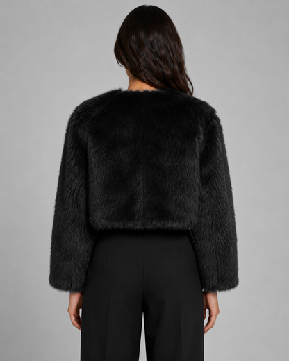 Women's Faux Fur Jacket - Cropped Collarless Winter Coat