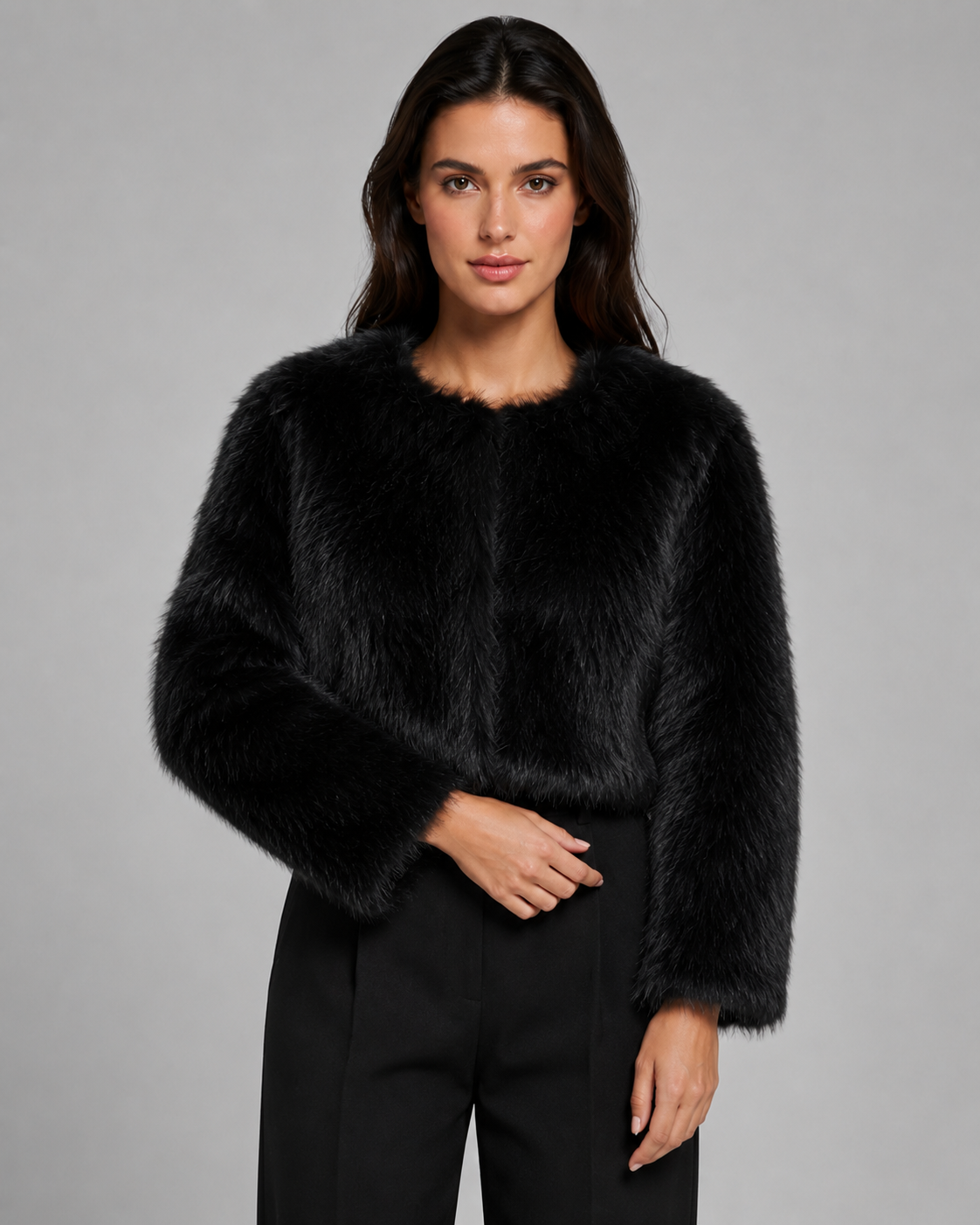 Women's Faux Fur Jacket - Cropped Collarless Winter Coat
