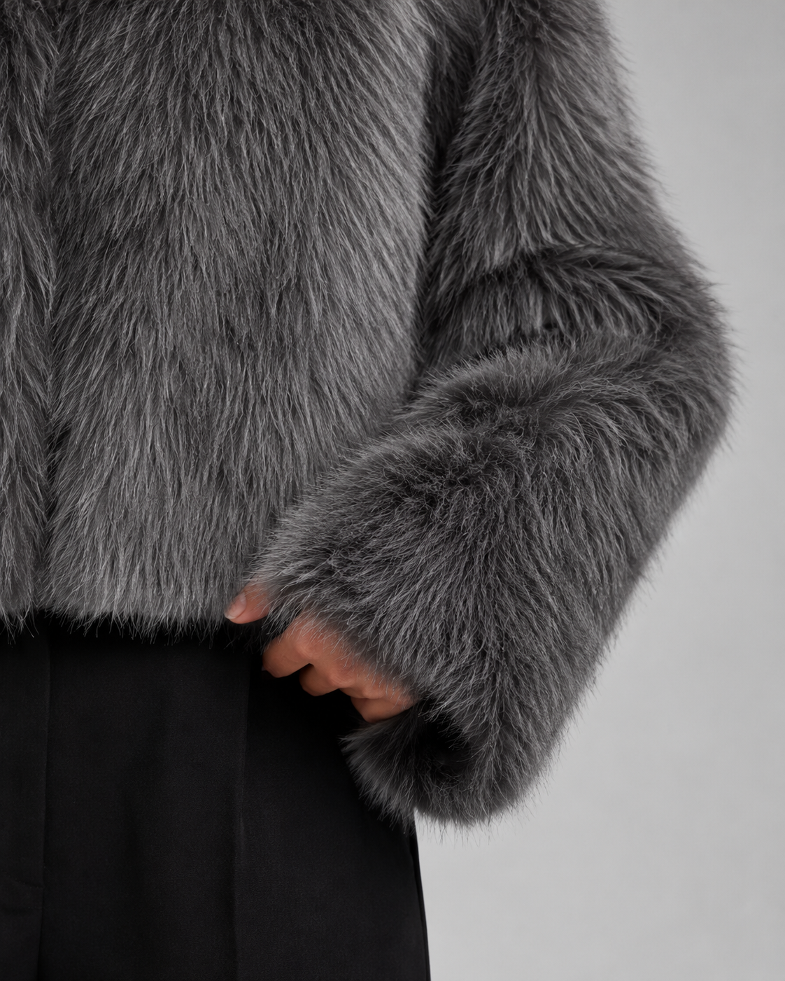 Women's Faux Fur Jacket - Cropped Collarless Winter Coat