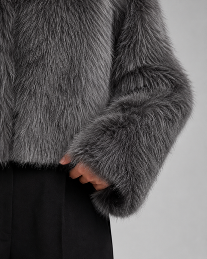 Women's Faux Fur Jacket - Cropped Collarless Winter Coat