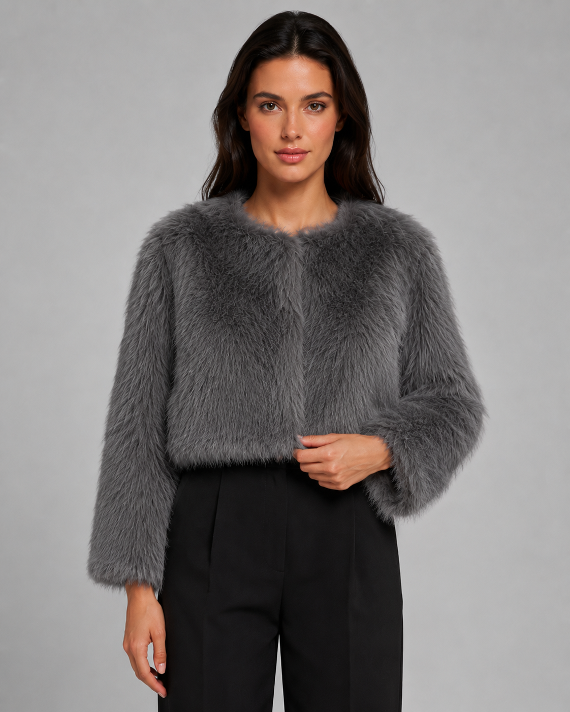 Women's Faux Fur Jacket - Cropped Collarless Winter Coat