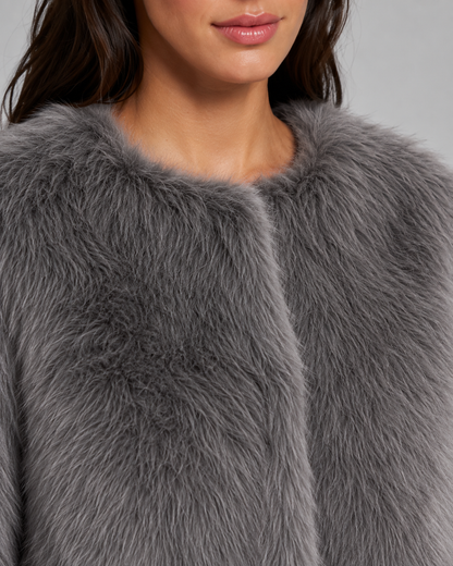 Women's Faux Fur Jacket - Cropped Collarless Winter Coat