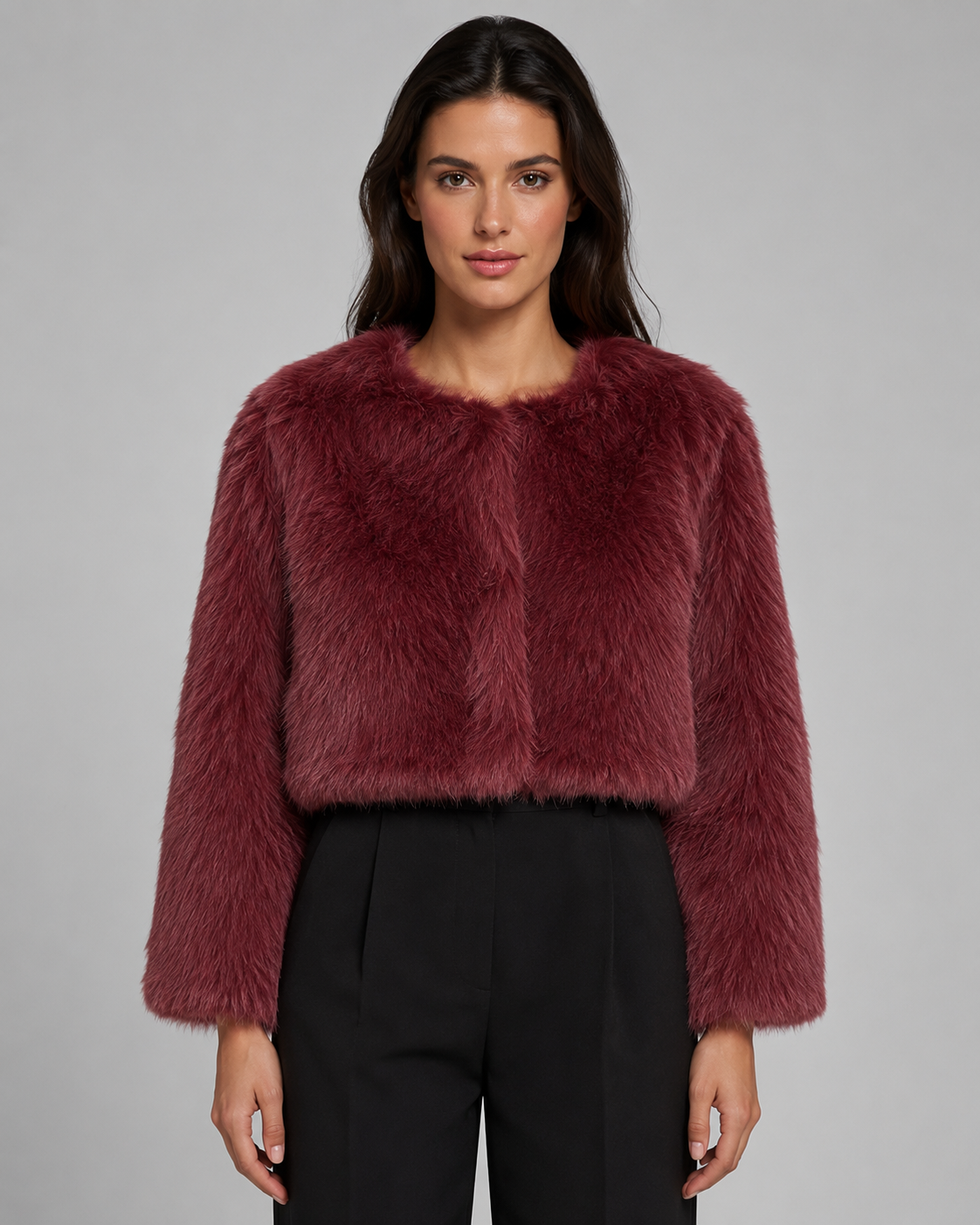 Women's Faux Fur Jacket - Cropped Collarless Winter Coat