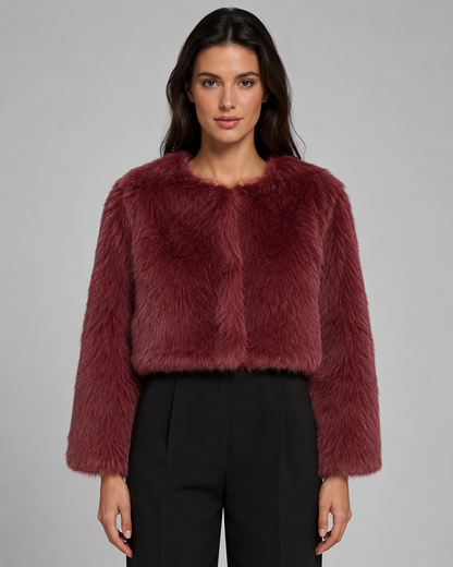 Women's Faux Fur Jacket - Cropped Collarless Winter Coat
