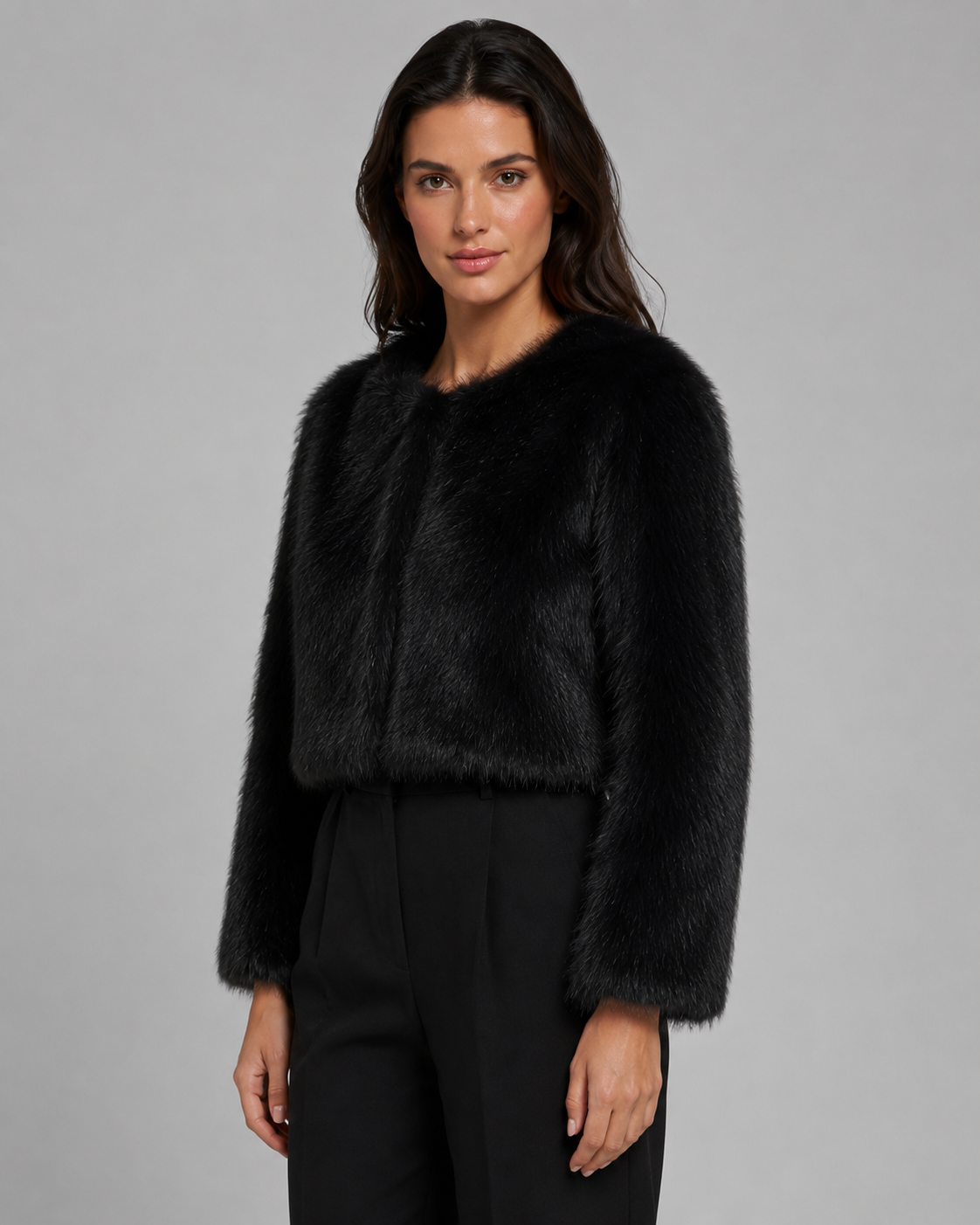 Women's Faux Fur Jacket - Cropped Collarless Winter Coat