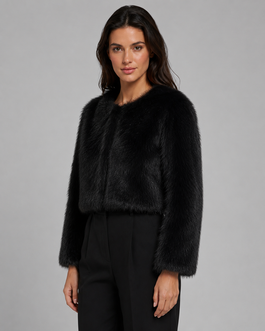 Women's Faux Fur Jacket - Cropped Collarless Winter Coat