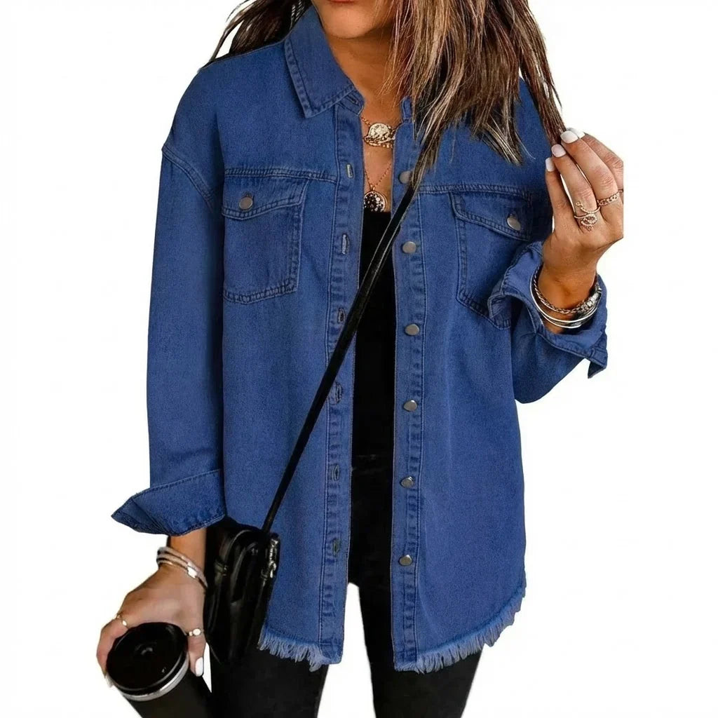 Women's Denim Jacket – Button Front Frayed Hem