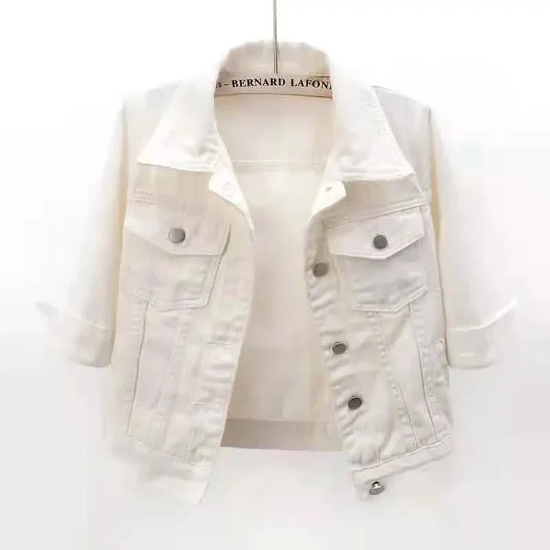 Women’s Cropped Denim Jacket - Button Front Long Sleeve