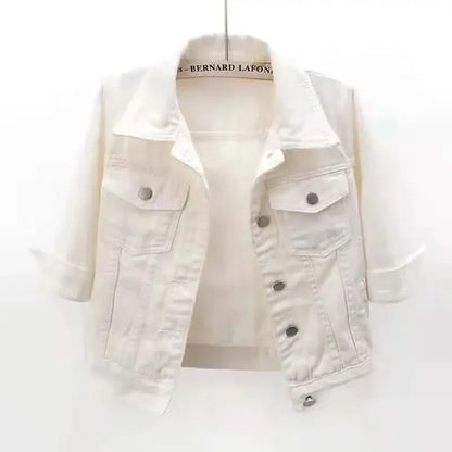 Women’s Cropped Denim Jacket - Button Front Long Sleeve