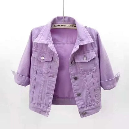 Women’s Cropped Denim Jacket - Button Front Long Sleeve